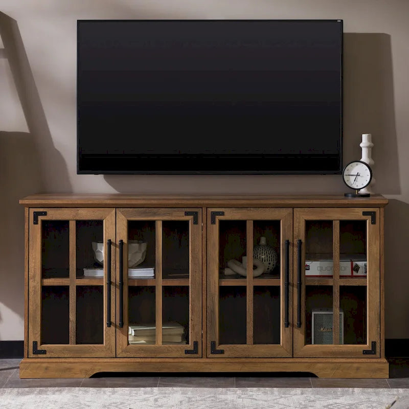 Modern Farmhouse Windowpane Glass-Door TV Stand for TVs up to 65 - Rustic Oak