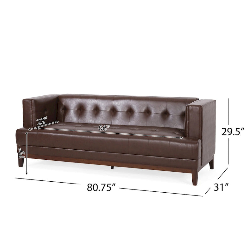 Dark Brown Modern 80.75 Button Tufted 3-Seater Sofa with Wood Legs