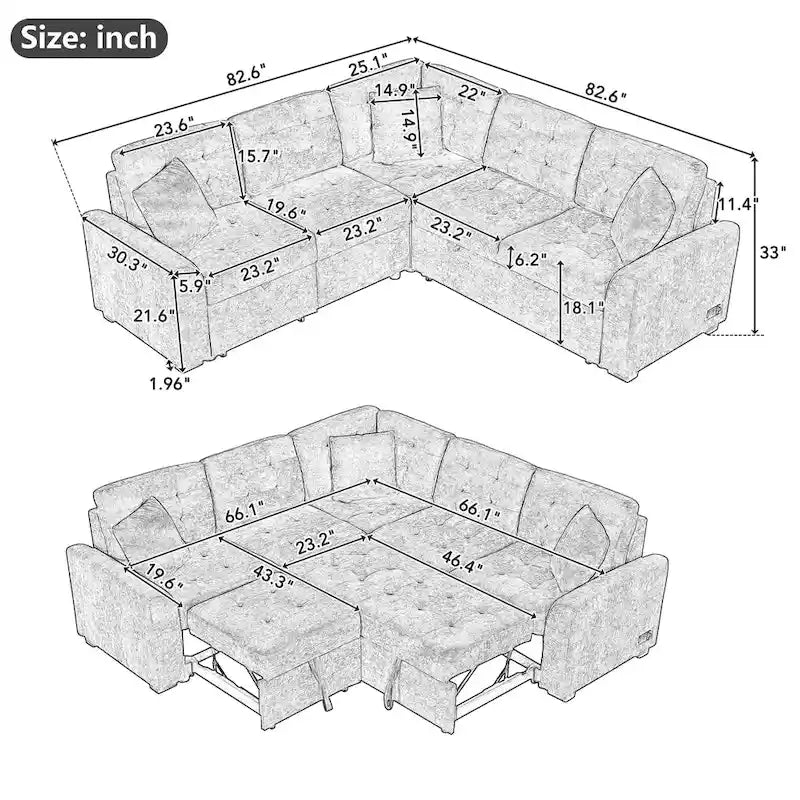 Navy Blue 82.6 Velvet L-Shaped Sleeper Sectional Sofa with USB Ports