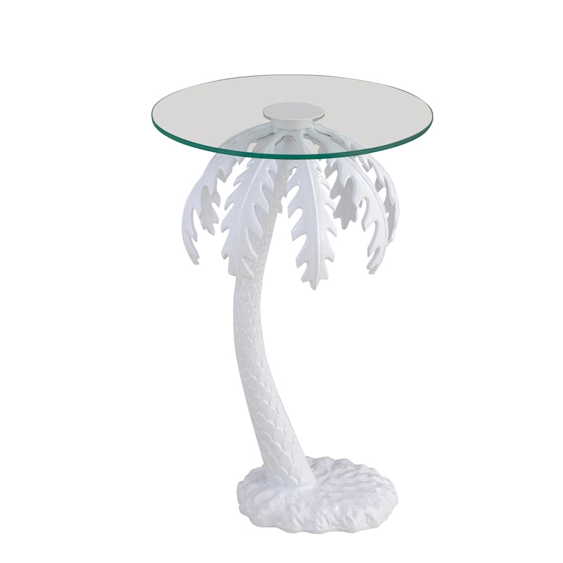 24.75 Mid-Century Vintage Glass Top Metal Palm Tree End Table, White