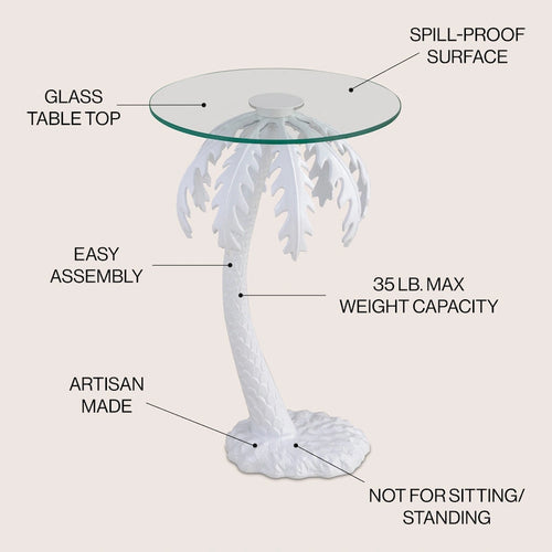 24.75 Mid-Century Vintage Glass Top Metal Palm Tree End Table, White