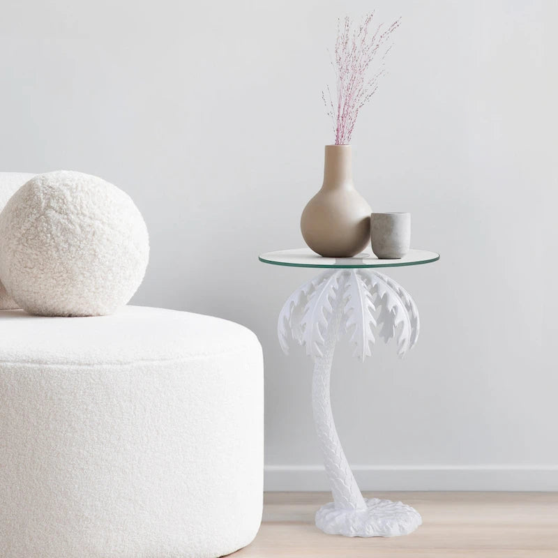 24.75 Mid-Century Vintage Glass Top Metal Palm Tree End Table, White
