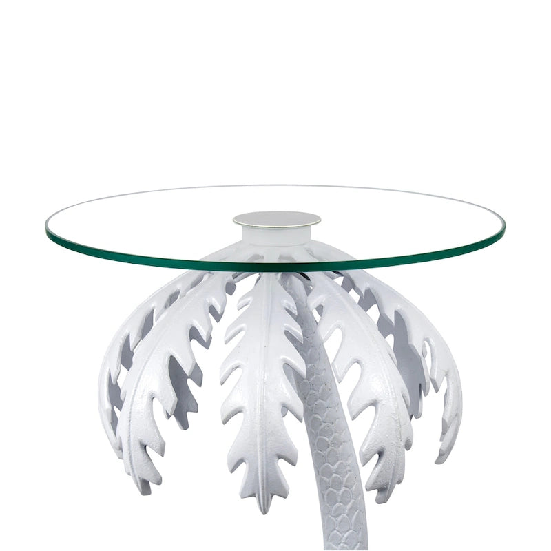 24.75 Mid-Century Vintage Glass Top Metal Palm Tree End Table, White