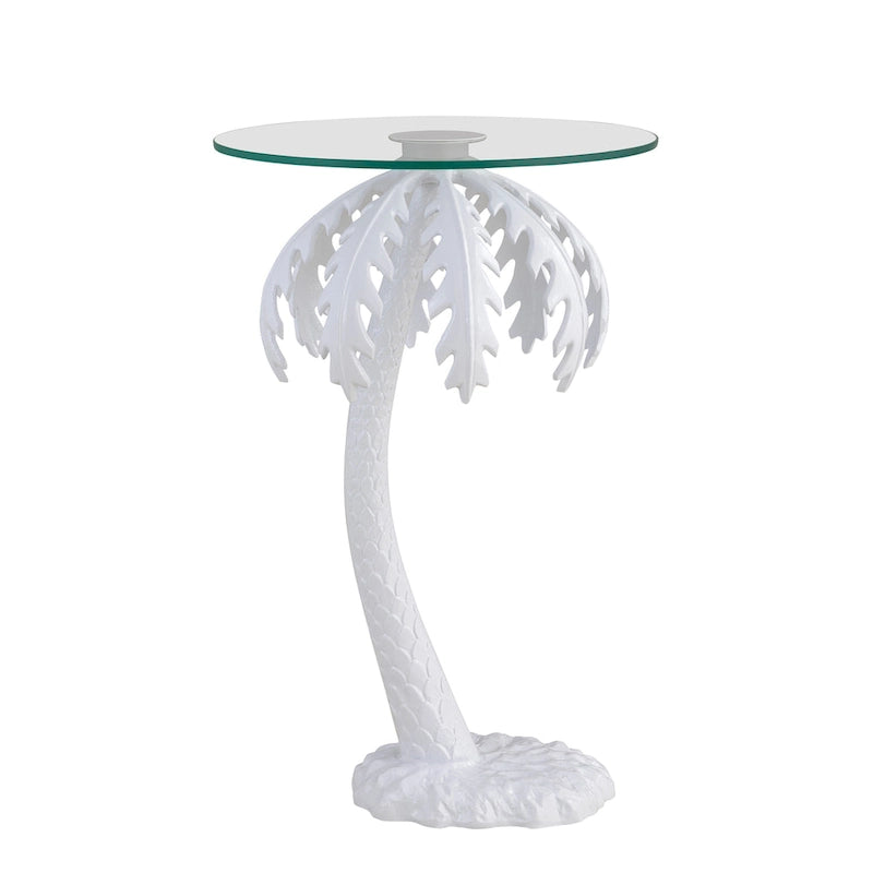 24.75 Mid-Century Vintage Glass Top Metal Palm Tree End Table, White