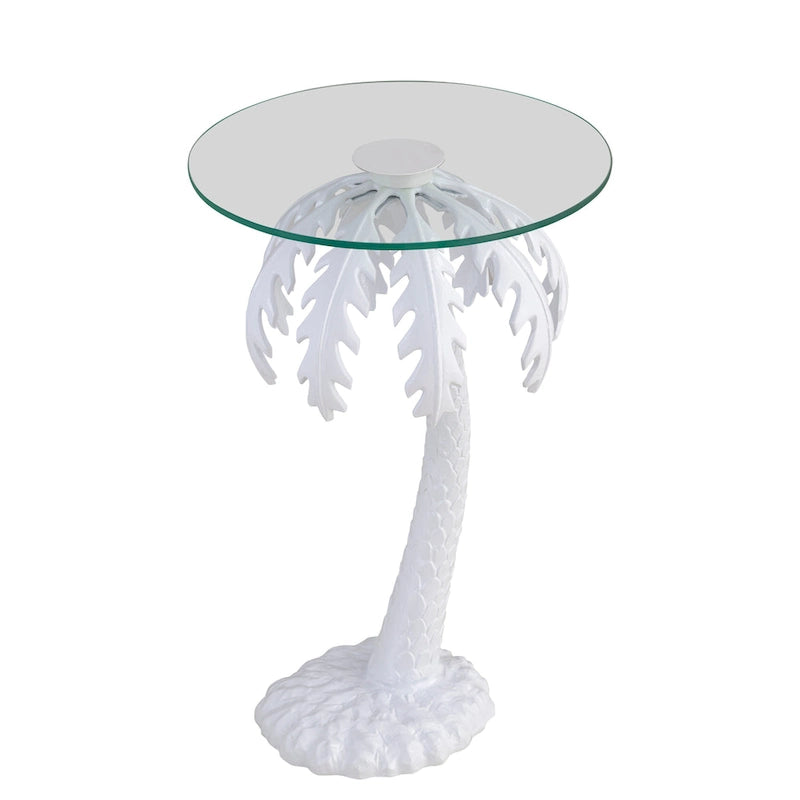 24.75 Mid-Century Vintage Glass Top Metal Palm Tree End Table, White