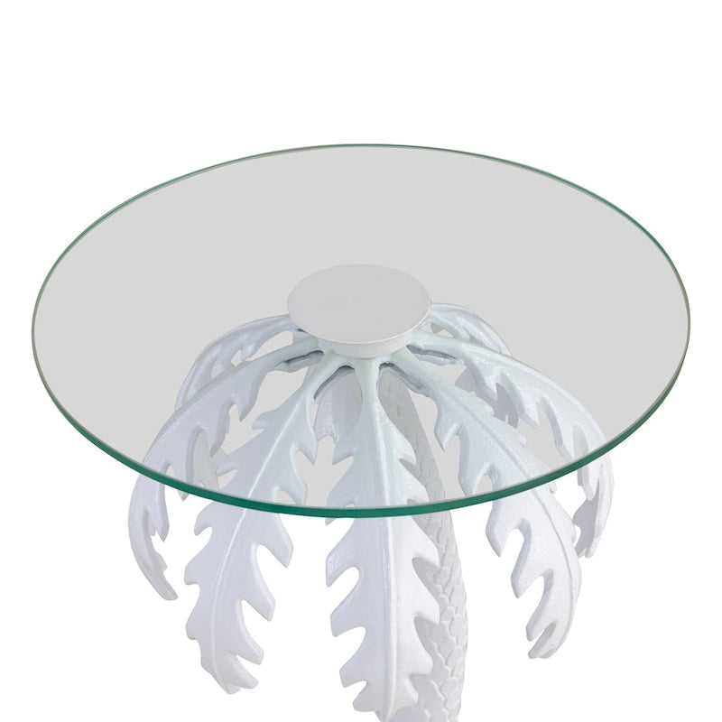 24.75 Mid-Century Vintage Glass Top Metal Palm Tree End Table, White