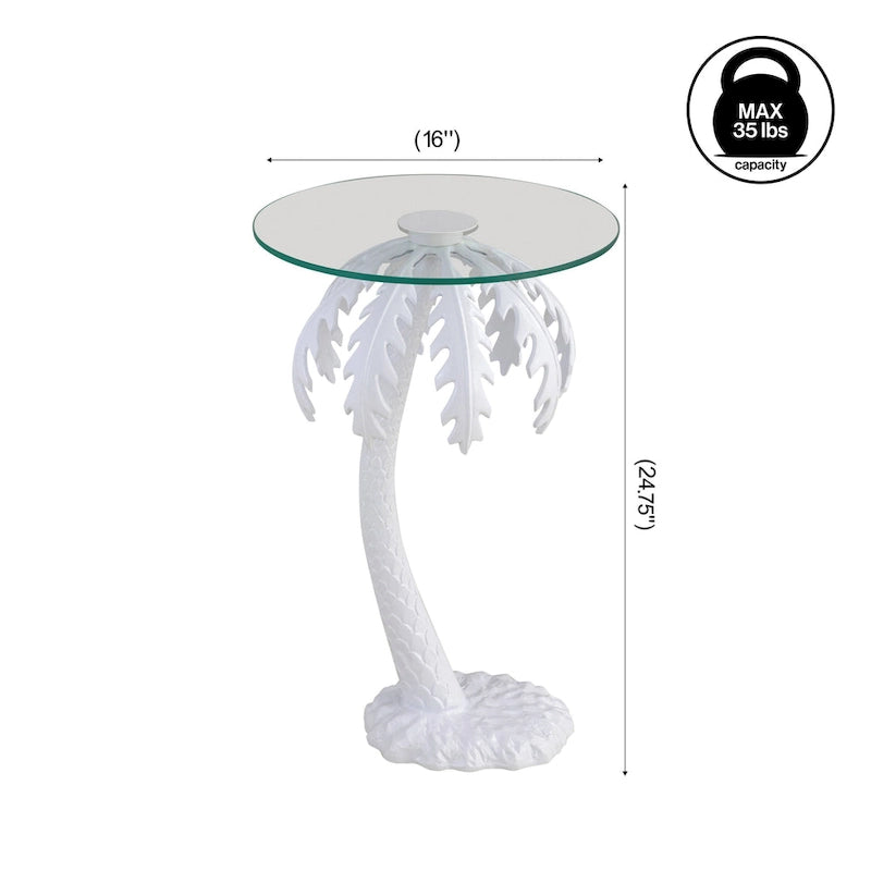 24.75 Mid-Century Vintage Glass Top Metal Palm Tree End Table, White