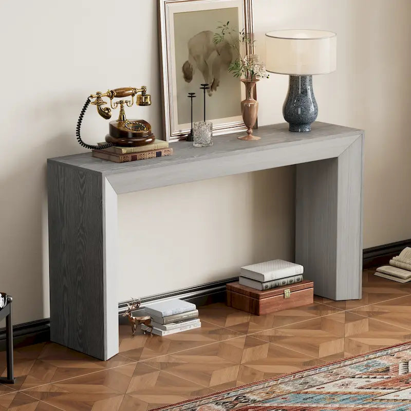 Elegant Console Table with Fireplace-Inspired Design and Wood Veneer Top