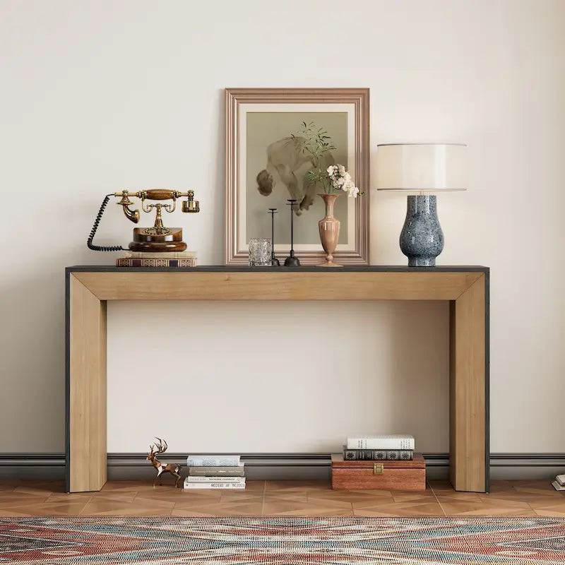 Elegant Console Table with Fireplace-Inspired Design and Wood Veneer Top