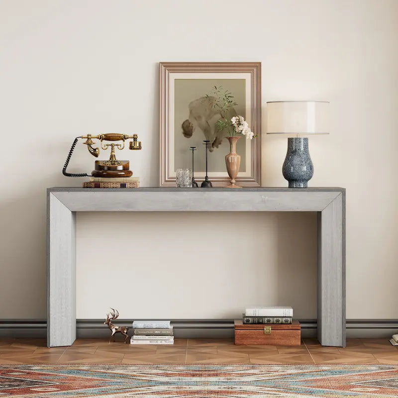 Elegant Console Table with Fireplace-Inspired Design and Wood Veneer Top