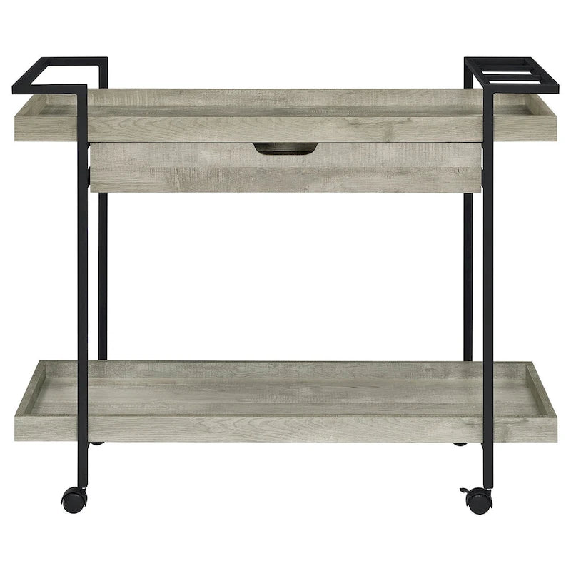 40 Inch Rolling Bar Cart, 2 Tier with Drawer, Gray Wood, Black Metal