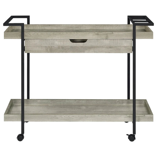 40 Inch Rolling Bar Cart, 2 Tier with Drawer, Gray Wood, Black Metal