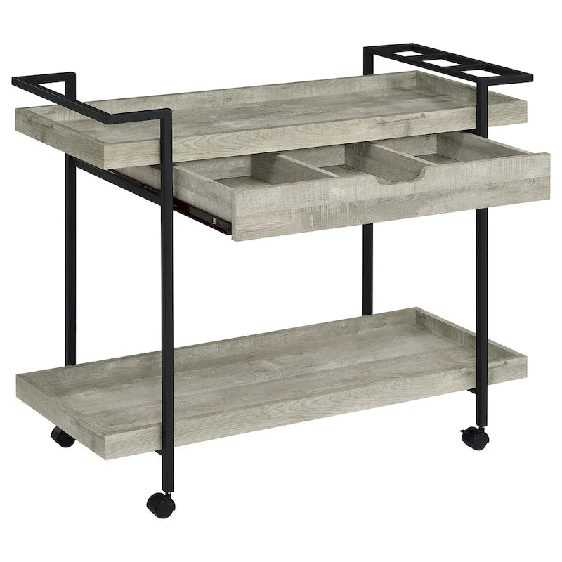 40 Inch Rolling Bar Cart, 2 Tier with Drawer, Gray Wood, Black Metal