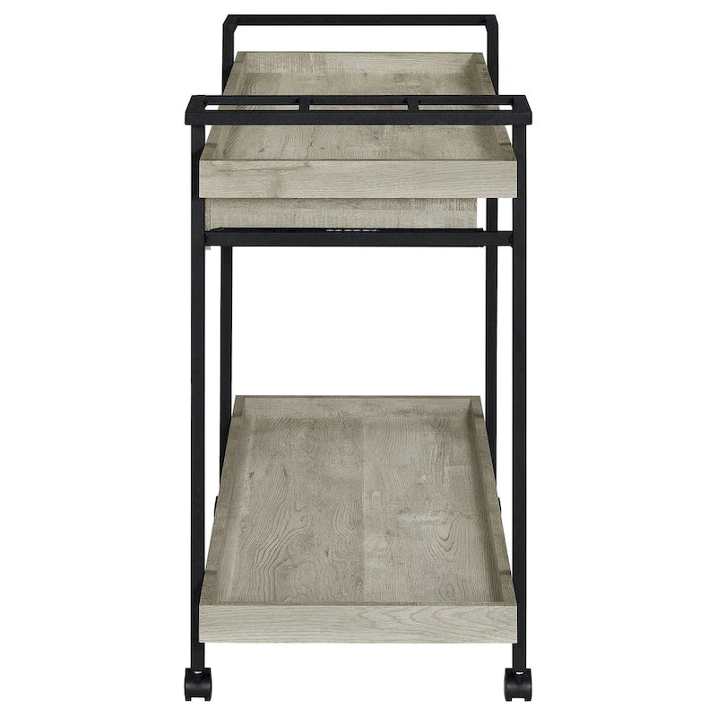 40 Inch Rolling Bar Cart, 2 Tier with Drawer, Gray Wood, Black Metal