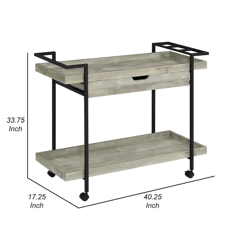 40 Inch Rolling Bar Cart, 2 Tier with Drawer, Gray Wood, Black Metal