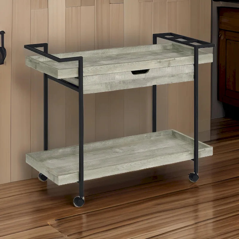 40 Inch Rolling Bar Cart, 2 Tier with Drawer, Gray Wood, Black Metal