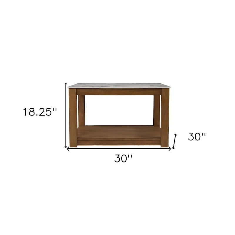30 Contemporary Wooden Coffee Table with Faux Marble Top and Storage Shelves for Living Room - 18.25 H x 30 W x 30 D