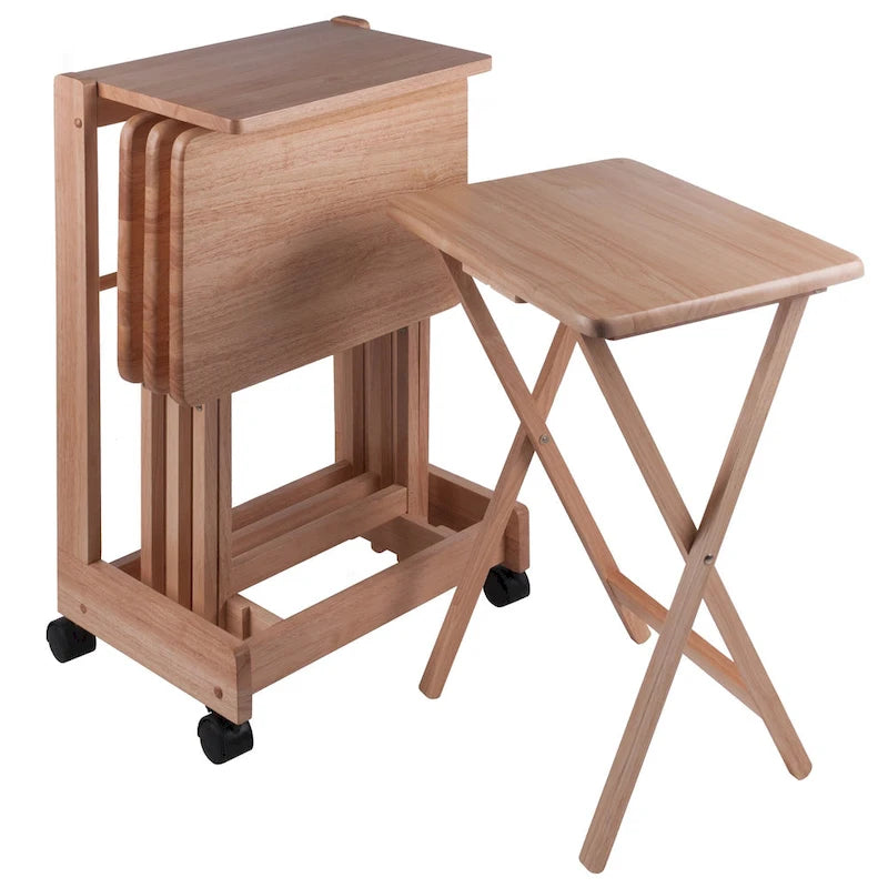 5 Pc Natural Wood Brienda Flip Top Snack Table Set with Mobile Stand 32