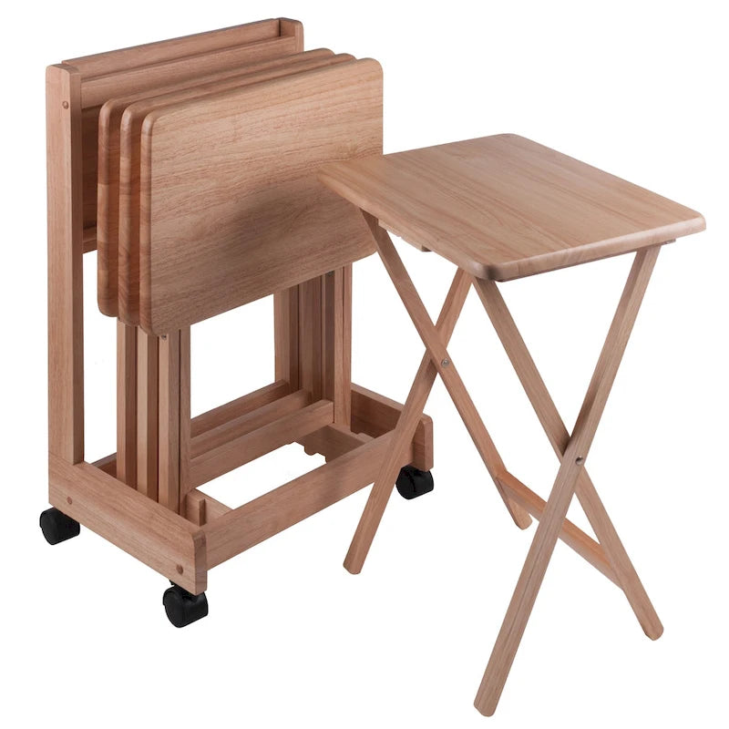 5 Pc Natural Wood Flip Top Snack Table Set with Mobile Stand, 32 Inch