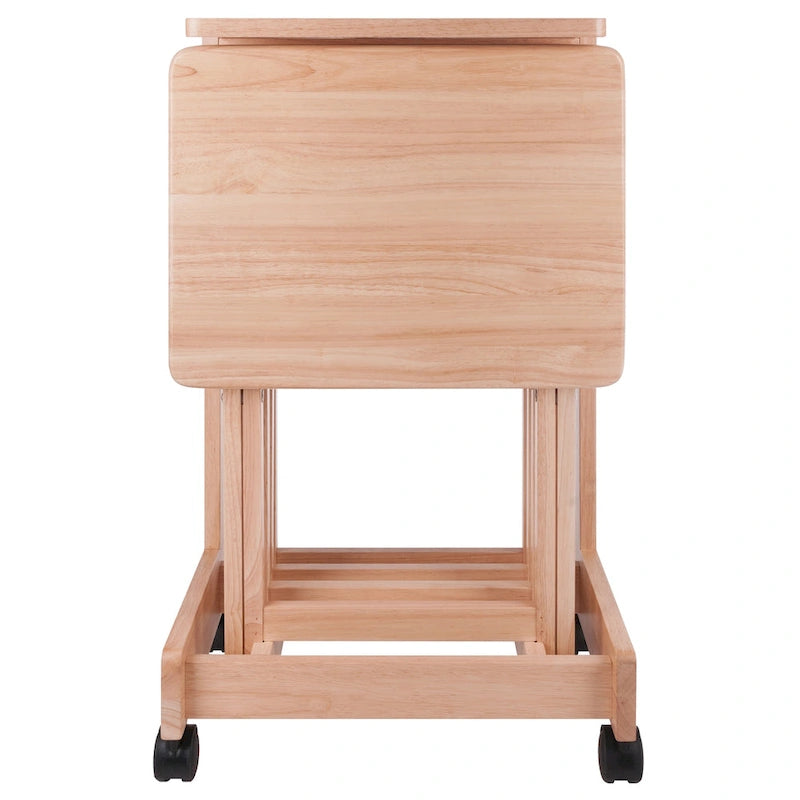 5 Pc Natural Wood Brienda Flip Top Snack Table Set with Mobile Stand 32