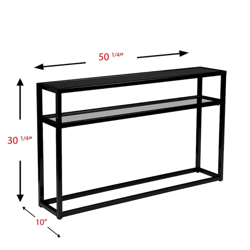 Black Glass Rectangular Console Table with Shelf and Metal Frame - 50.25 L x 10 W x 30.25 H