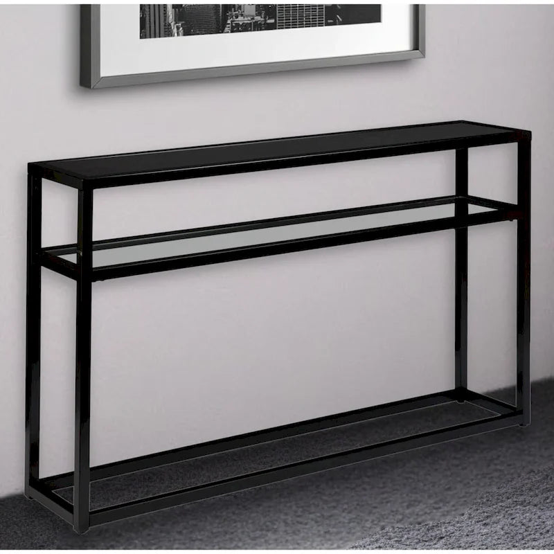 Black Glass Rectangular Console Table with Shelf and Metal Frame - 50.25 L x 10 W x 30.25 H