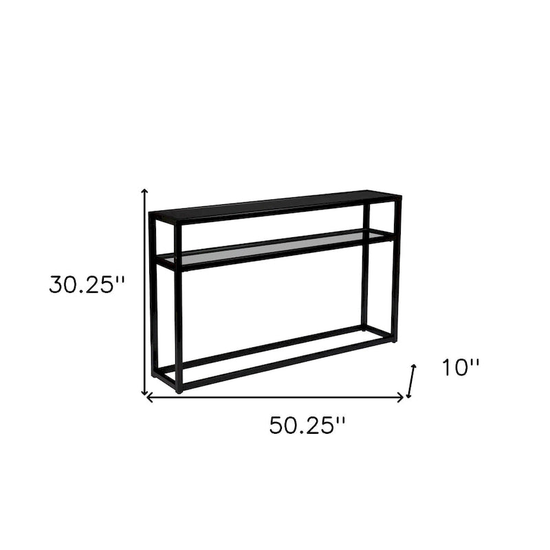 Black Glass Rectangular Console Table with Shelf and Metal Frame - 50.25 L x 10 W x 30.25 H