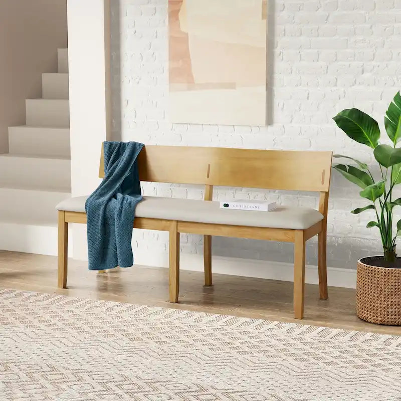 Wood Dining Bench with Curved Backrest and Cushion Seat