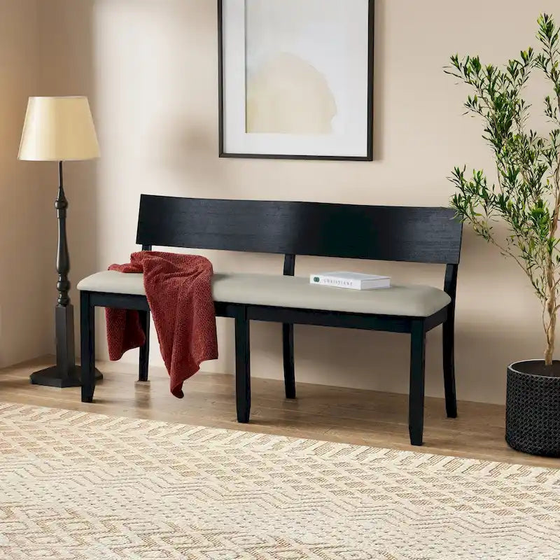 Wood Dining Bench with Curved Backrest and Cushion Seat