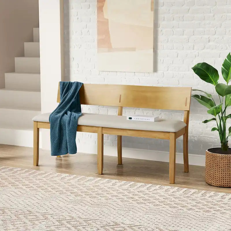 Wood Dining Bench with Curved Backrest and Cushion Seat