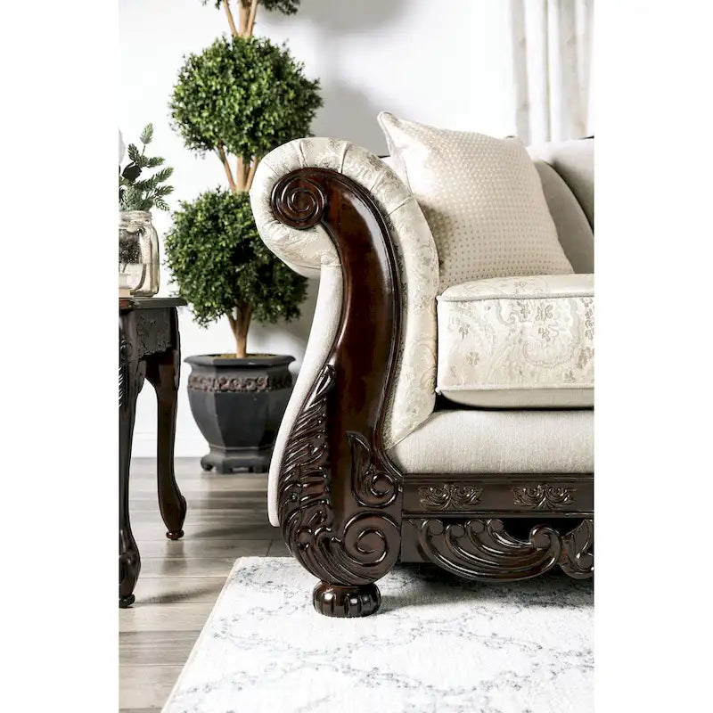 Traditional Chenille Upholstered Sofa with Ornate Wood Trim