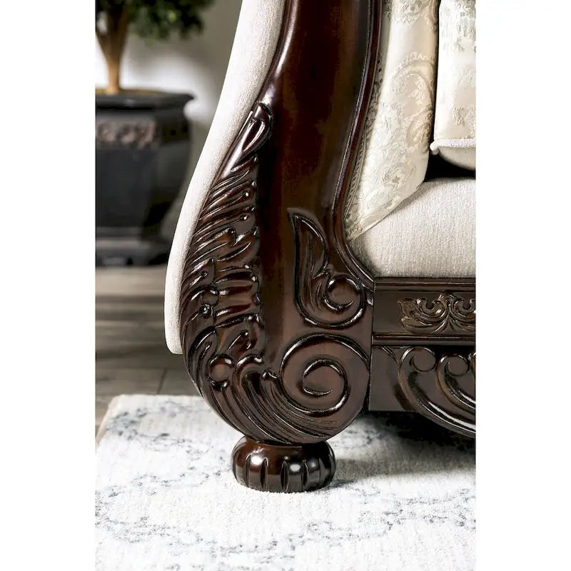Traditional Chenille Upholstered Sofa with Ornate Wood Trim