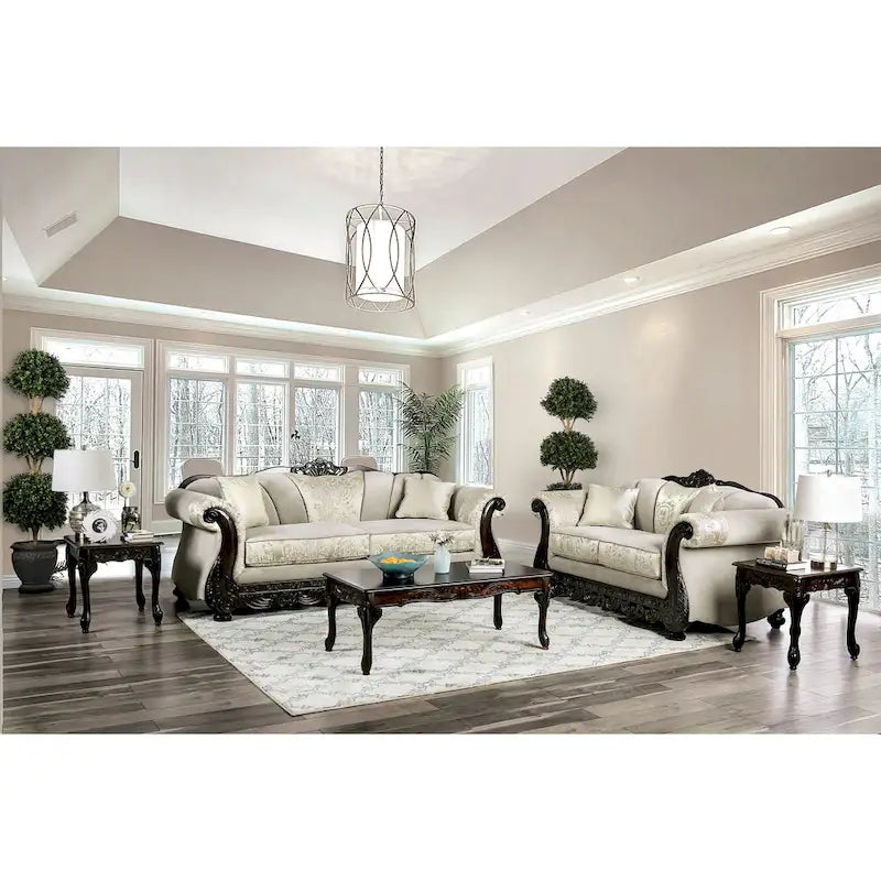 Traditional Chenille Upholstered Sofa with Ornate Wood Trim