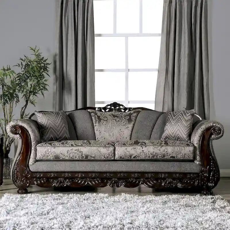 Traditional Chenille Upholstered Sofa with Ornate Wood Trim