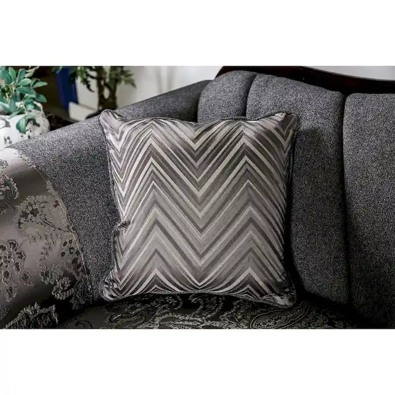 Traditional Chenille Upholstered Sofa with Ornate Wood Trim