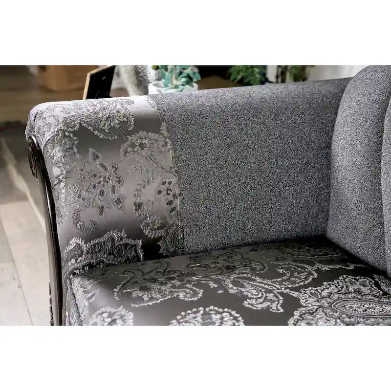 Traditional Chenille Upholstered Sofa with Ornate Wood Trim