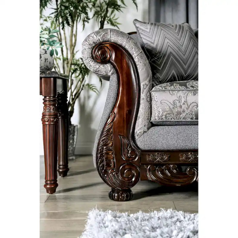 Traditional Chenille Upholstered Sofa with Ornate Wood Trim