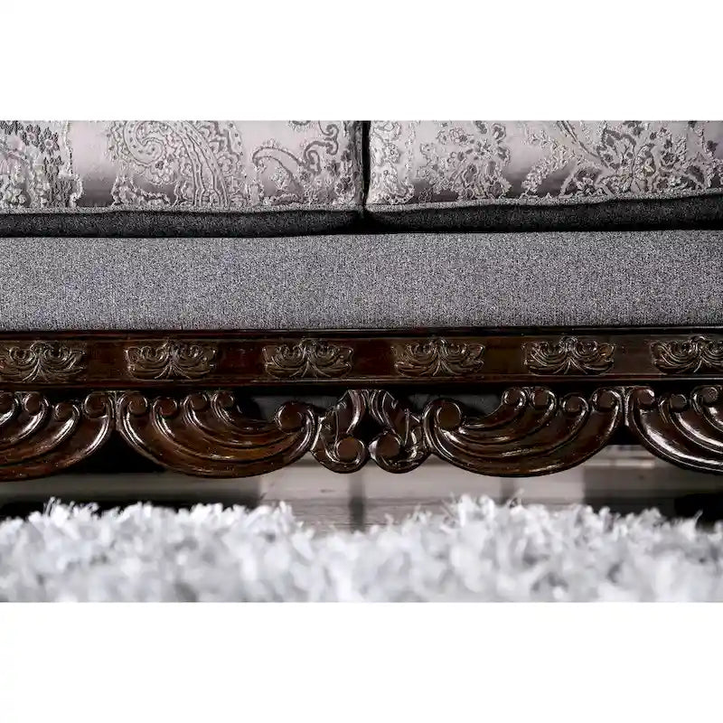 Traditional Chenille Upholstered Sofa with Ornate Wood Trim