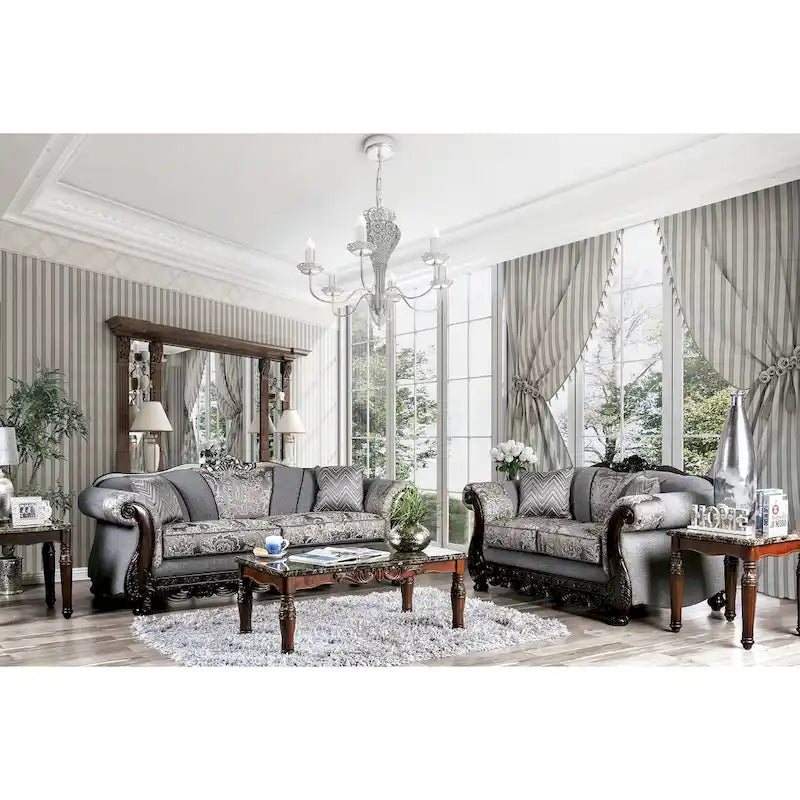 Traditional Chenille Upholstered Sofa with Ornate Wood Trim