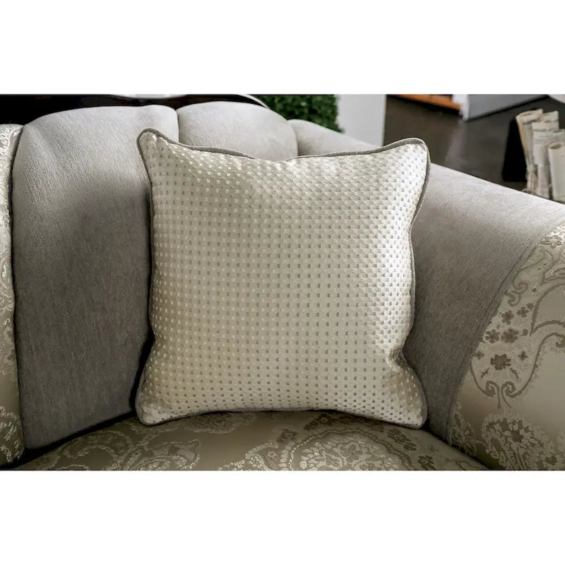 Traditional Chenille Upholstered Sofa with Ornate Wood Trim