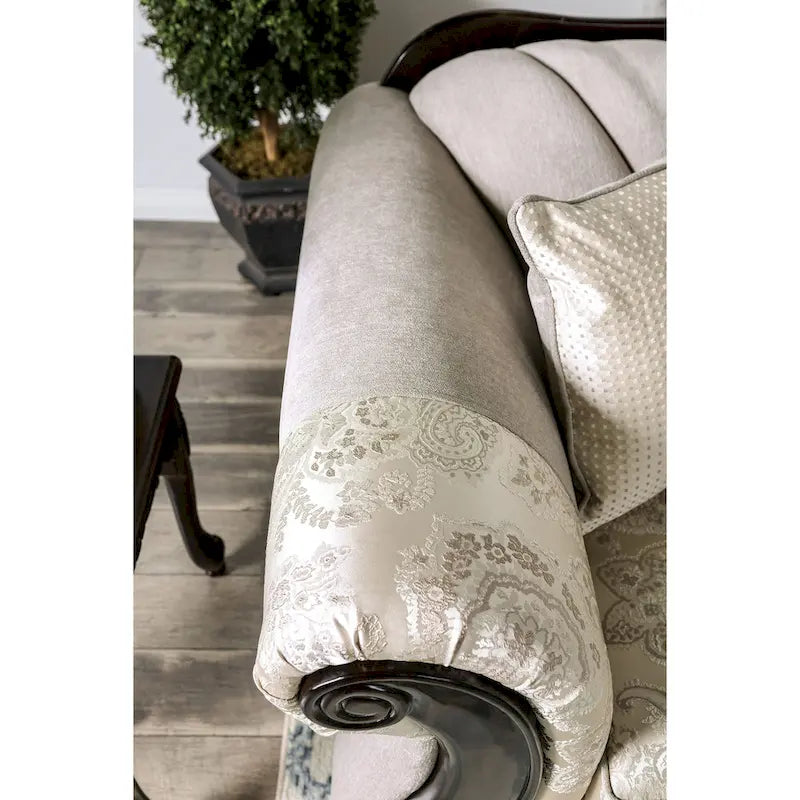 Traditional Chenille Upholstered Sofa with Ornate Wood Trim