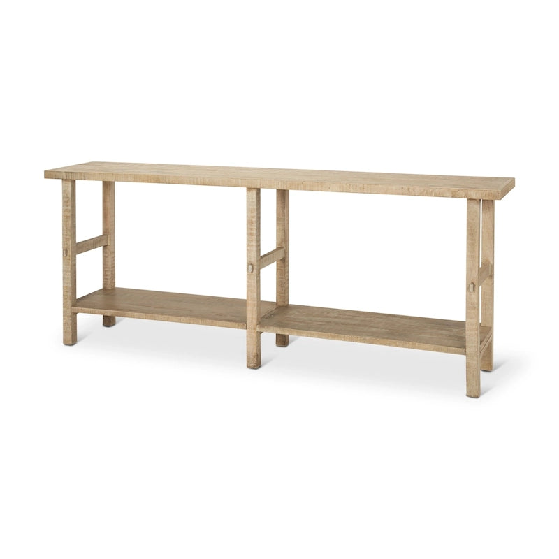 Large Blonde Wood Console Table with Two Shelves - 76.8 x 16 x 30