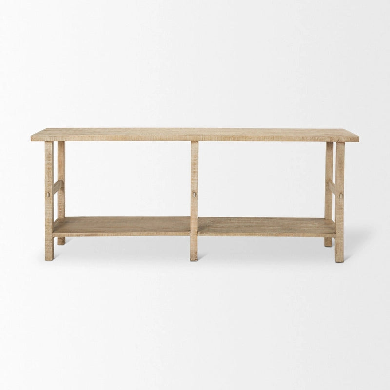 Large Blonde Wood Console Table with Two Shelves - 76.8 x 16 x 30