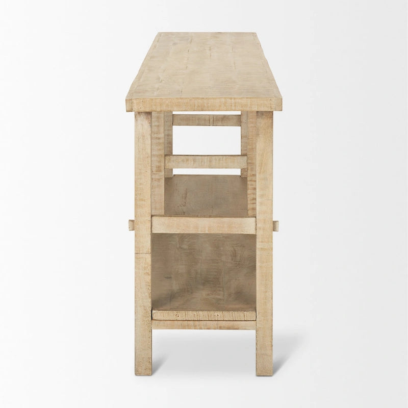 Large Blonde Wood Console Table with Two Shelves - 76.8 x 16 x 30