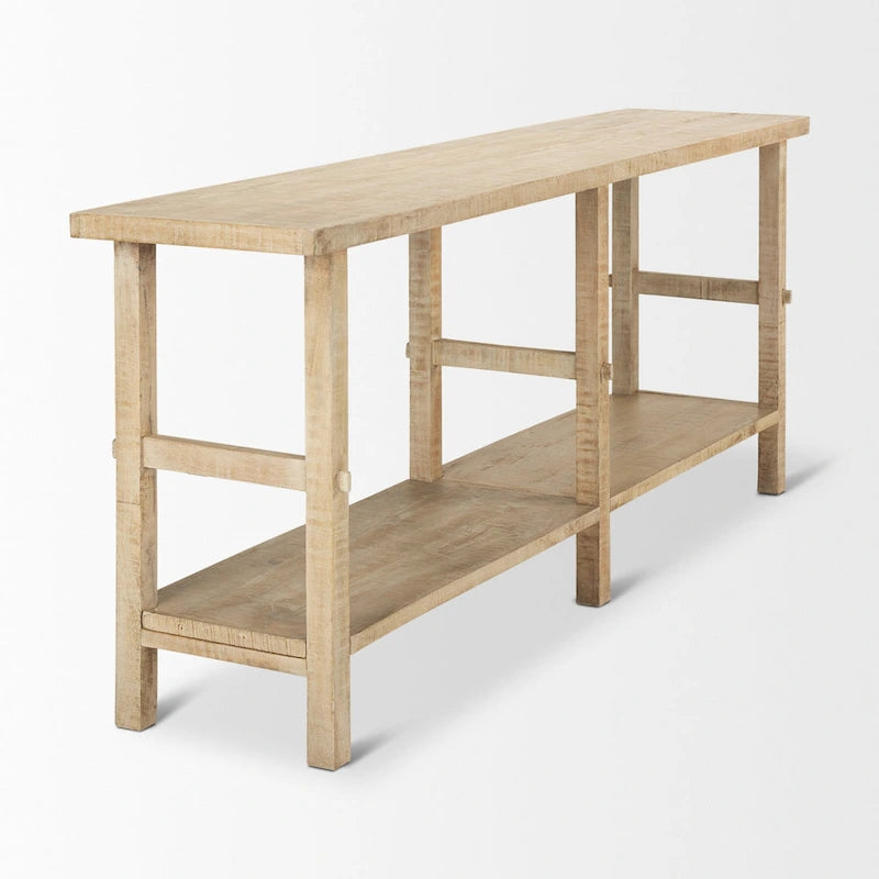 Large Blonde Wood Console Table with Two Shelves - 76.8 x 16 x 30