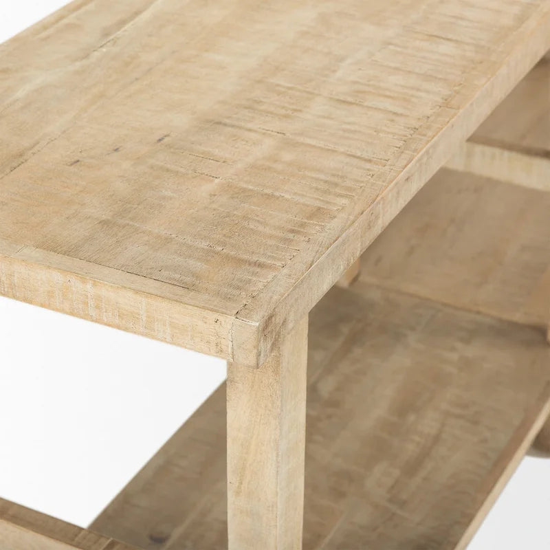 Large Blonde Wood Console Table with Two Shelves - 76.8 x 16 x 30