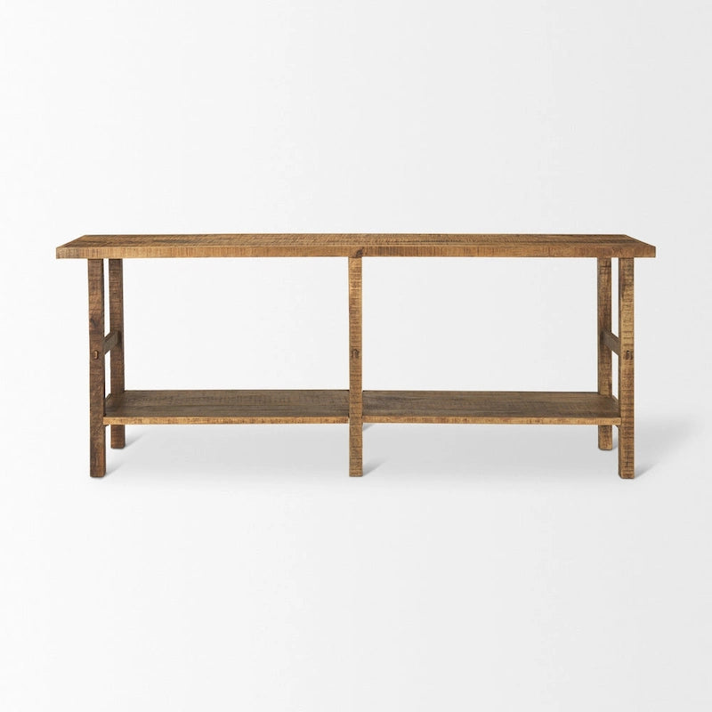 Large Blonde Wood Console Table with Two Shelves - 76.8 x 16 x 30