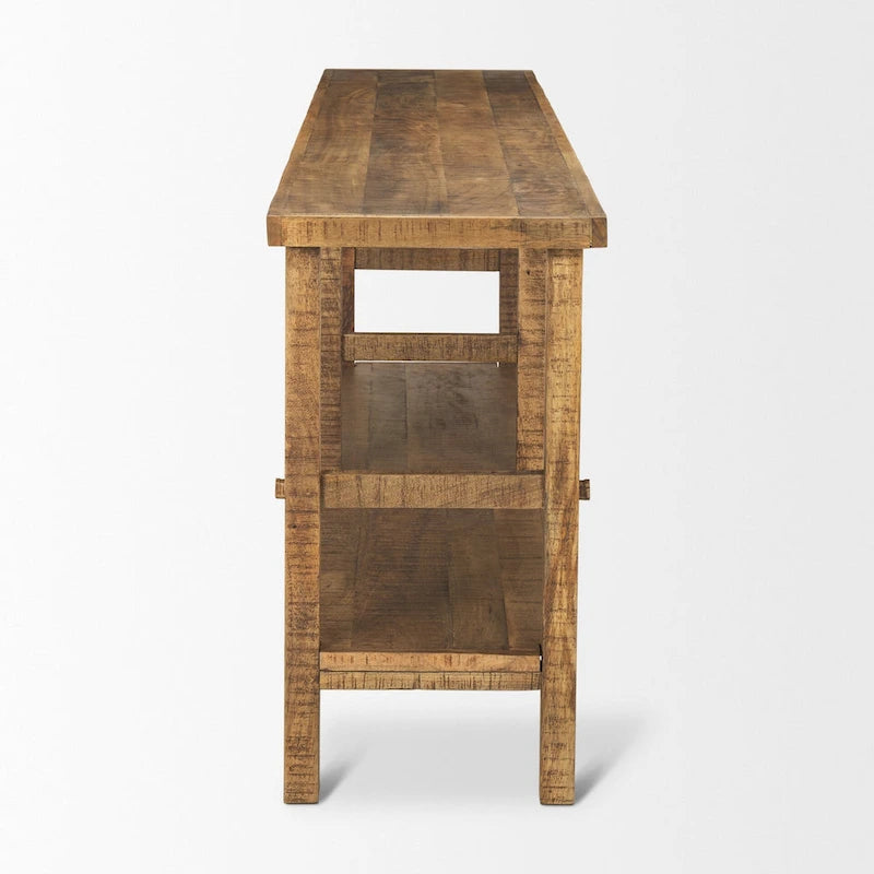 Large Blonde Wood Console Table with Two Shelves - 76.8 x 16 x 30
