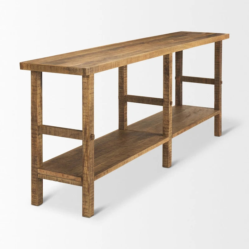 Large Blonde Wood Console Table with Two Shelves - 76.8 x 16 x 30