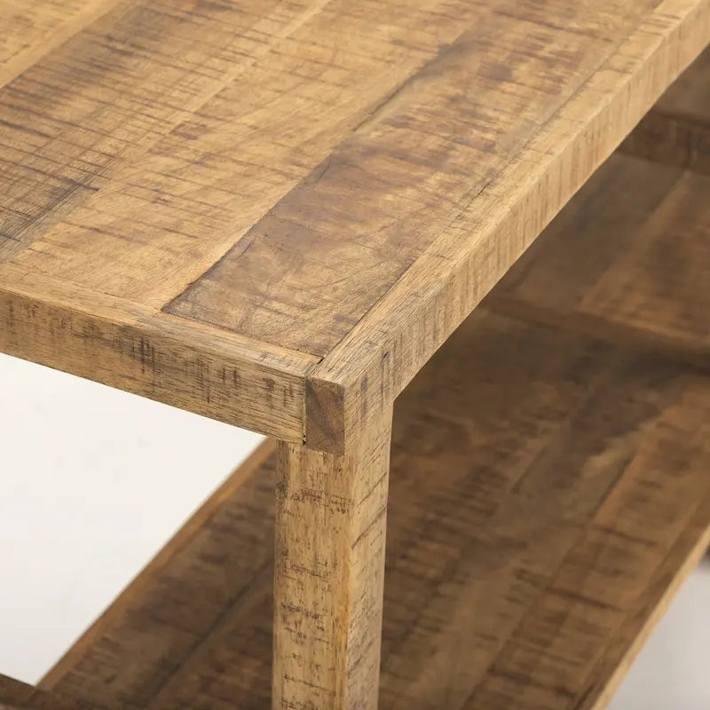 Large Blonde Wood Console Table with Two Shelves - 76.8 x 16 x 30